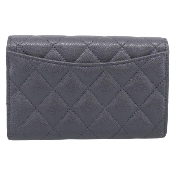 CHANEL Matelasse Long Wallet Caviar Skin Gray Gold CC Auth 212571M