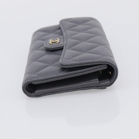 CHANEL Matelasse Long Wallet Caviar Skin Gray Gold CC Auth 212571M