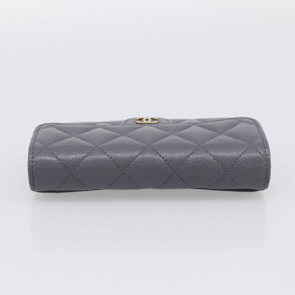 CHANEL Matelasse Long Wallet Caviar Skin Gray Gold CC Auth 212571M