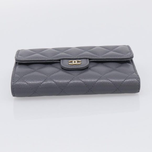 CHANEL Matelasse Long Wallet Caviar Skin Gray Gold CC Auth 212571M