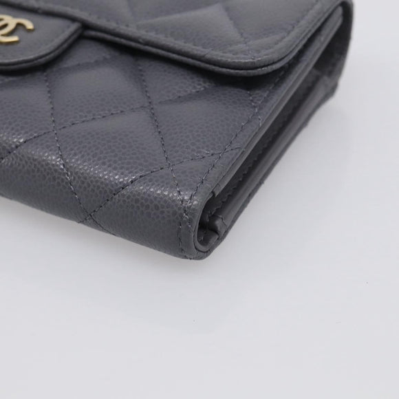 CHANEL Matelasse Long Wallet Caviar Skin Gray Gold CC Auth 212571M