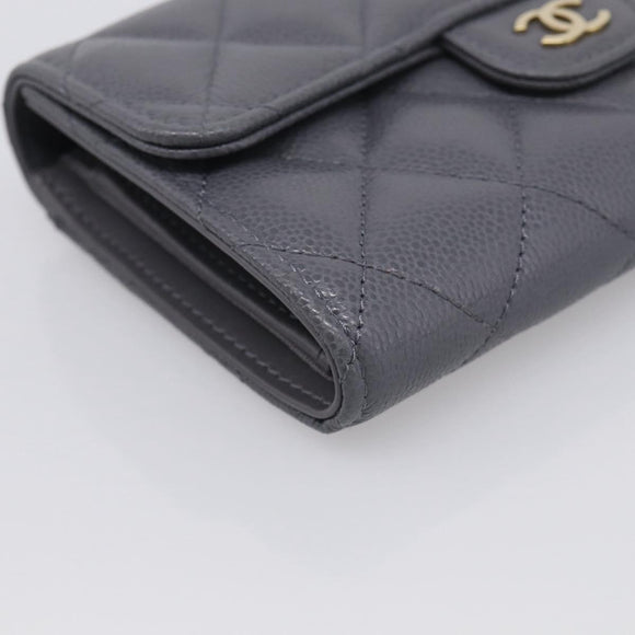 CHANEL Matelasse Long Wallet Caviar Skin Gray Gold CC Auth 212571M