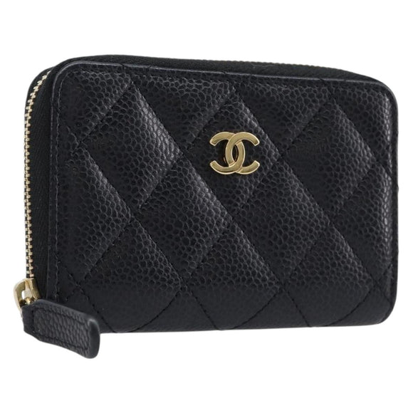 CHANEL Matelasse Long Wallet Caviar Skin Black Gold CC Auth 212574M