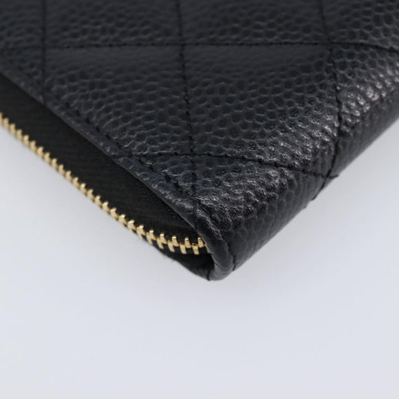 CHANEL Matelasse Long Wallet Caviar Skin Black Gold CC Auth 212574M