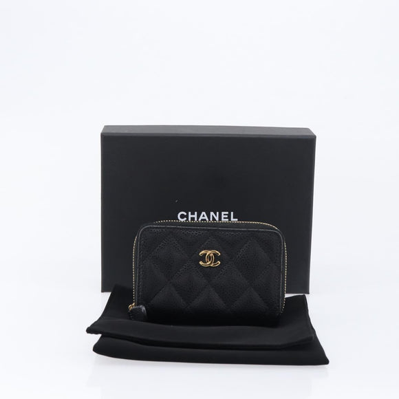 CHANEL Matelasse Long Wallet Caviar Skin Black Gold CC Auth 212574M