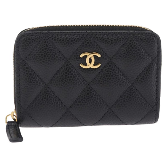CHANEL Matelasse Coin Purse Caviar Skin Black Gold CC Auth 212575M