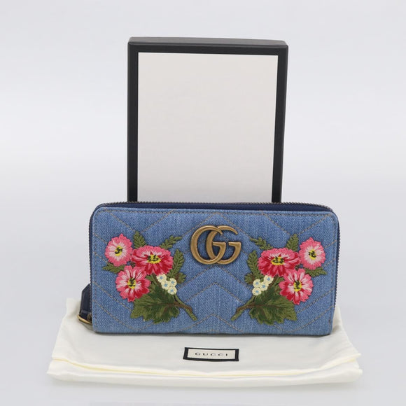 GUCCI GG Marmont Long Wallet Denim Blue Gold 443123 Auth 212577M