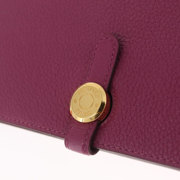 HERMES Dogon Long Wallet Leather Purple Gold Auth 212580M