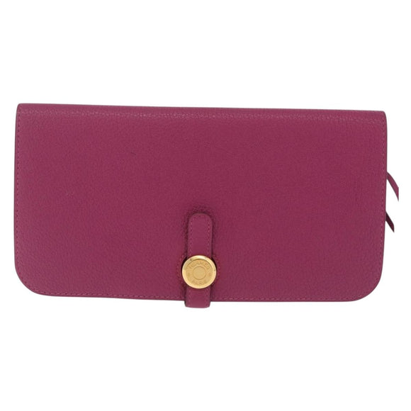 HERMES Dogon Long Wallet Leather Purple Gold Auth 212580M