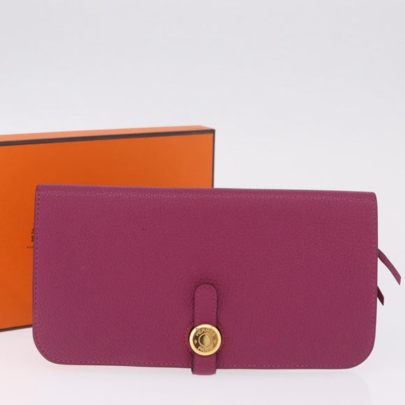 HERMES Dogon Long Wallet Leather Purple Gold Auth 212580M