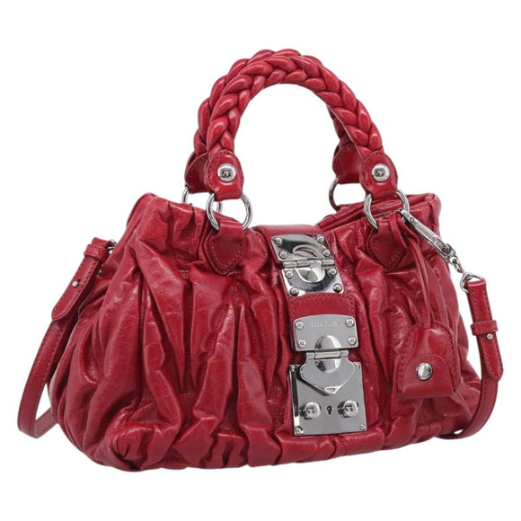 Miu Miu Matelasse Hand Bag Leather 2way Red Silver Auth 212722M