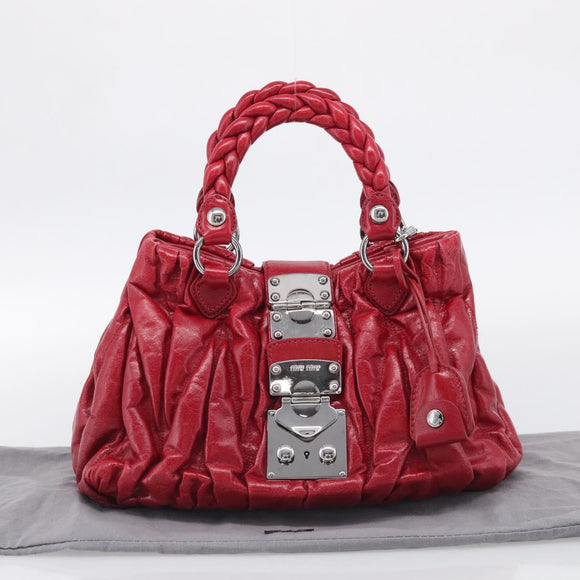 Miu Miu Matelasse Hand Bag Leather 2way Red Silver Auth 212722M
