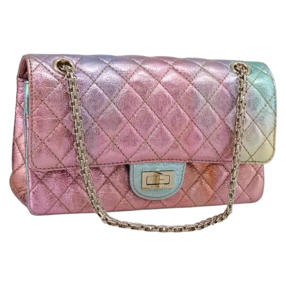 CHANEL Matelasse 2.55 Double Flap Bag Goatskin Metallic Rainbow Auth 212765M