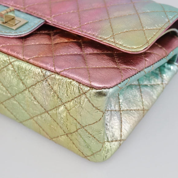 CHANEL Matelasse 2.55 Double Flap Bag Goatskin Metallic Rainbow Auth 212765M