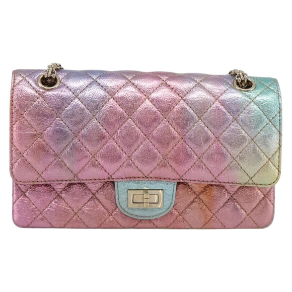 CHANEL Matelasse 2.55 Double Flap Bag Goatskin Metallic Rainbow Auth 212765M