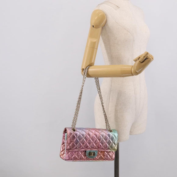 CHANEL Matelasse 2.55 Double Flap Bag Goatskin Metallic Rainbow Auth 212765M