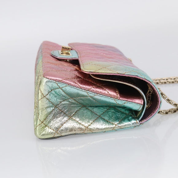 CHANEL Matelasse 2.55 Double Flap Bag Goatskin Metallic Rainbow Auth 212765M