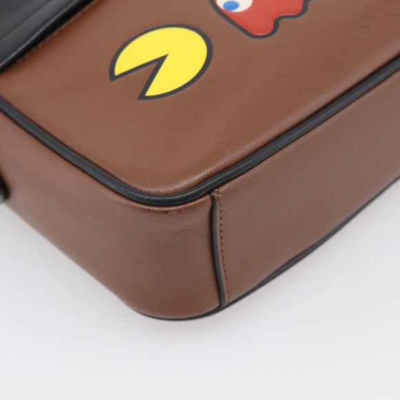 Coach x PAC MAN Shoulder Bag Leather Brown Silver Auth 212772M