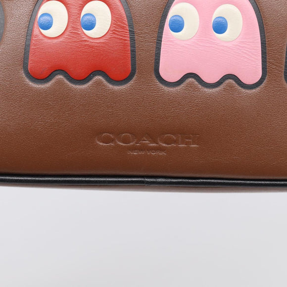 Coach x PAC MAN Shoulder Bag Leather Brown Silver Auth 212772M