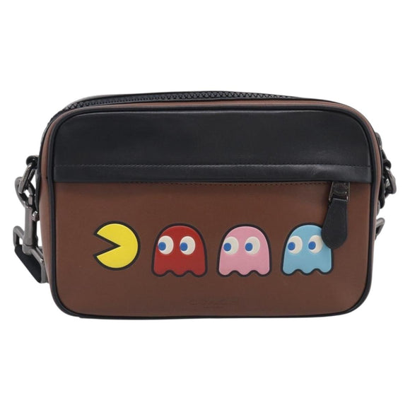 Coach x PAC MAN Shoulder Bag Leather Brown Silver Auth 212772M