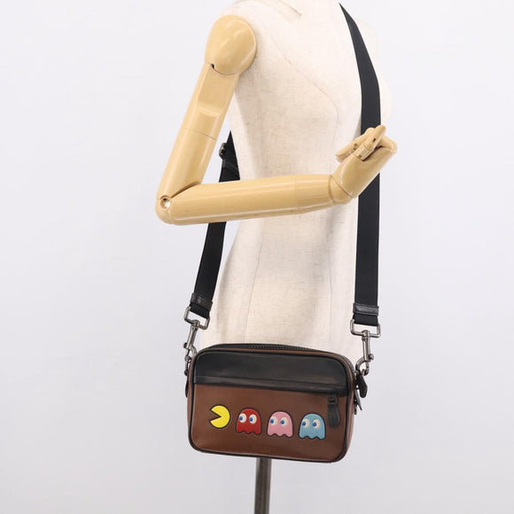 Coach x PAC MAN Shoulder Bag Leather Brown Silver Auth 212772M