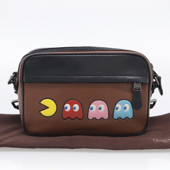 Coach x PAC MAN Shoulder Bag Leather Brown Silver Auth 212772M