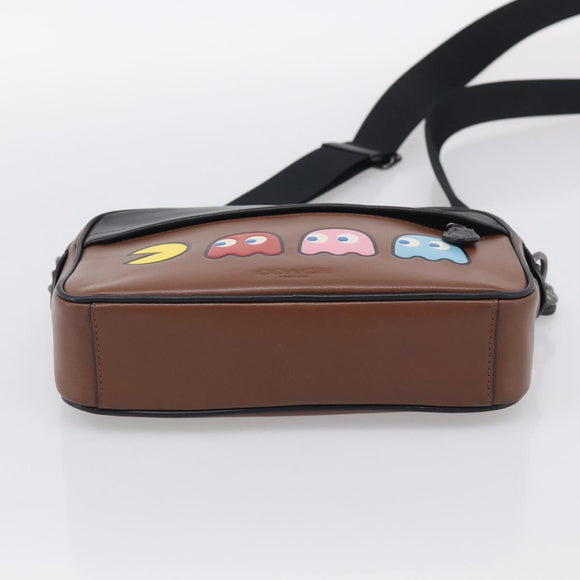 Coach x PAC MAN Shoulder Bag Leather Brown Silver Auth 212772M