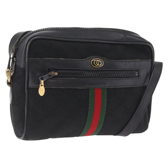 GUCCI GG Canvas Web Sherry Line Shoulder Bag Leather Black Gold Auth 212900