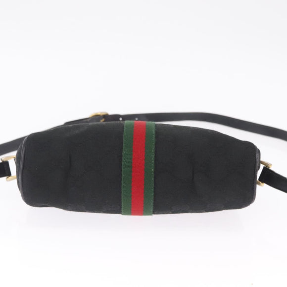 GUCCI GG Canvas Web Sherry Line Shoulder Bag Leather Black Gold Auth 212900