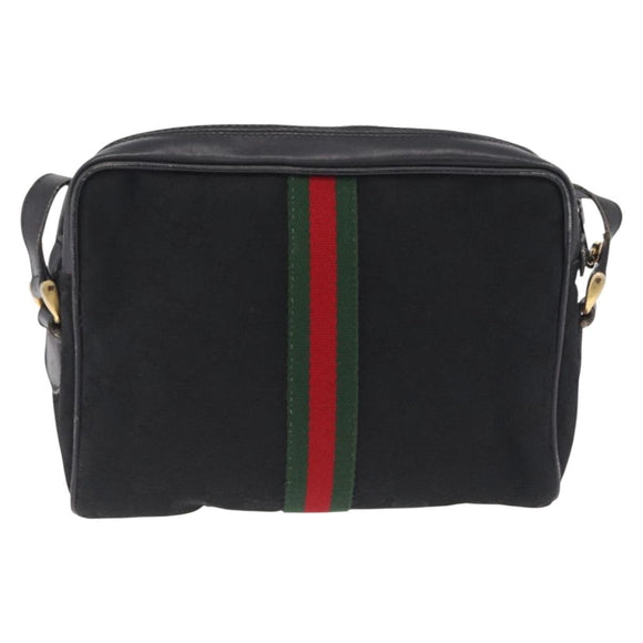 GUCCI GG Canvas Web Sherry Line Shoulder Bag Leather Black Gold Auth 212900