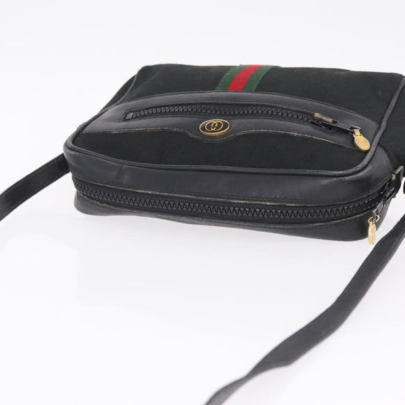 GUCCI GG Canvas Web Sherry Line Shoulder Bag Leather Black Gold Auth 212900