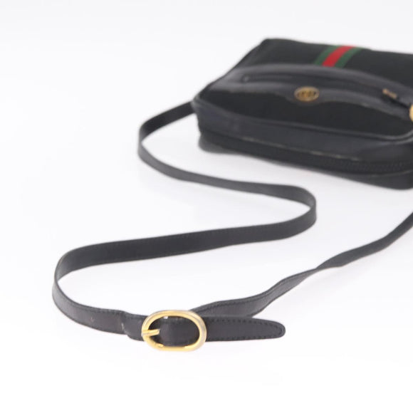 GUCCI GG Canvas Web Sherry Line Shoulder Bag Leather Black Gold Auth 212900