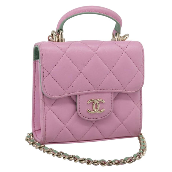 CHANEL Matelasse Hand Bag Lamb Skin 2way Pink Gold CC Auth 212908M
