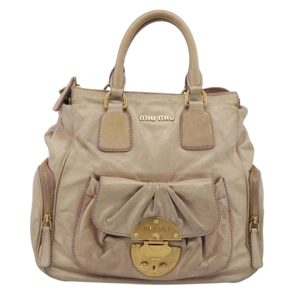 Miu Miu Vitellolux Hand Bag Leather 2way Beige Gold Auth 212913