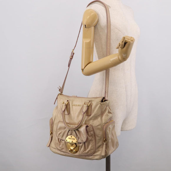 Miu Miu Vitellolux Hand Bag Leather 2way Beige Gold Auth 212913