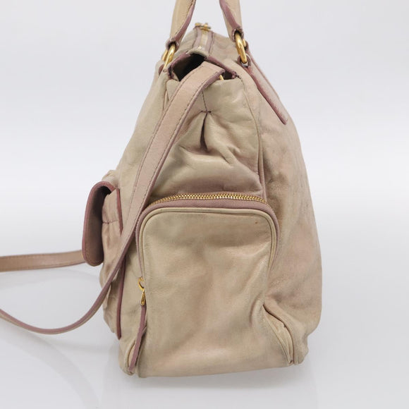 Miu Miu Vitellolux Hand Bag Leather 2way Beige Gold Auth 212913