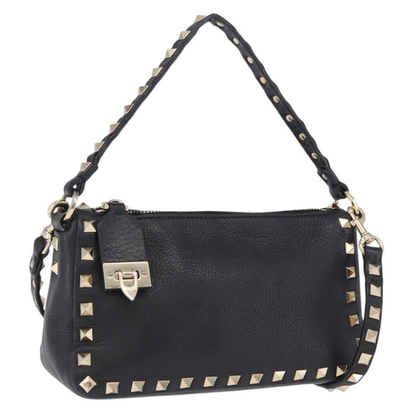 Valentino Shoulder Bag Leather Black Gold Auth 212920