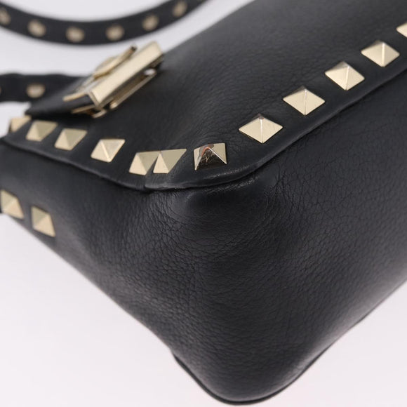 Valentino Shoulder Bag Leather Black Gold Auth 212920
