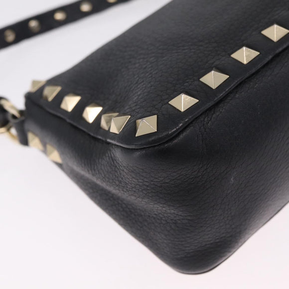 Valentino Shoulder Bag Leather Black Gold Auth 212920