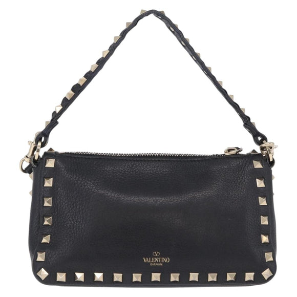 Valentino Shoulder Bag Leather Black Gold Auth 212920