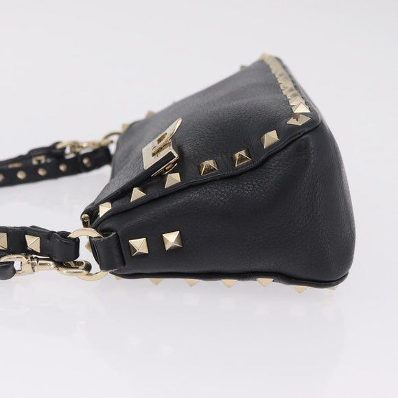 Valentino Shoulder Bag Leather Black Gold Auth 212920