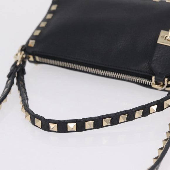 Valentino Shoulder Bag Leather Black Gold Auth 212920