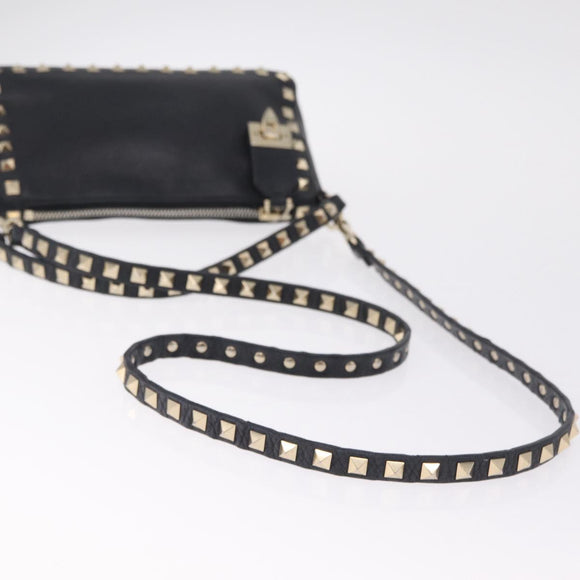 Valentino Shoulder Bag Leather Black Gold Auth 212920