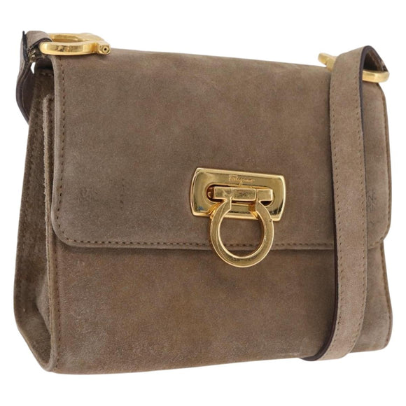 Salvatore Ferragamo Gancini Shoulder Bag Suede Beige Gold Auth 212923