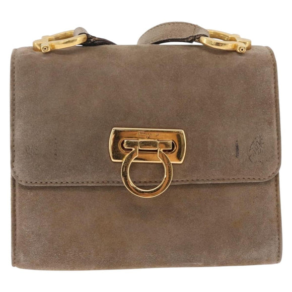 Salvatore Ferragamo Gancini Shoulder Bag Suede Beige Gold Auth 212923