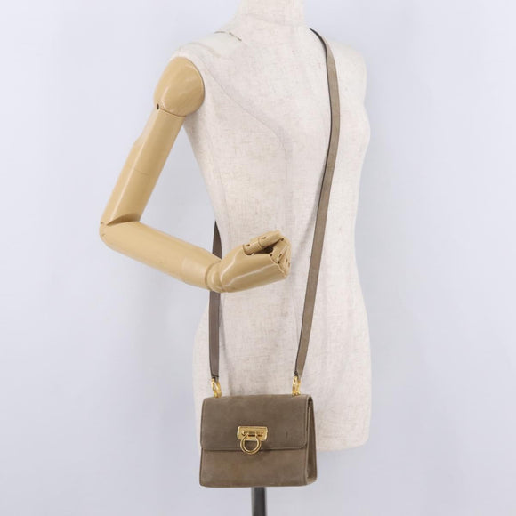 Salvatore Ferragamo Gancini Shoulder Bag Suede Beige Gold Auth 212923