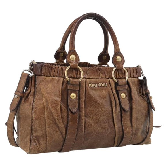 Miu Miu Vitellolux Hand Bag Leather 2way Brown Gold Auth 212924A