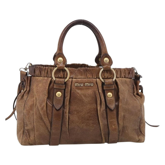 Miu Miu Vitellolux Hand Bag Leather 2way Brown Gold Auth 212924A
