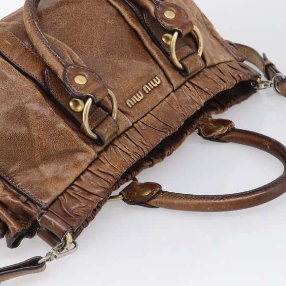 Miu Miu Vitellolux Hand Bag Leather 2way Brown Gold Auth 212924A