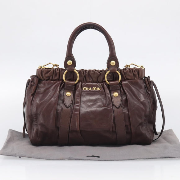 Miu Miu Vitellolux Hand Bag Leather 2way Brown Gold Auth 212926V
